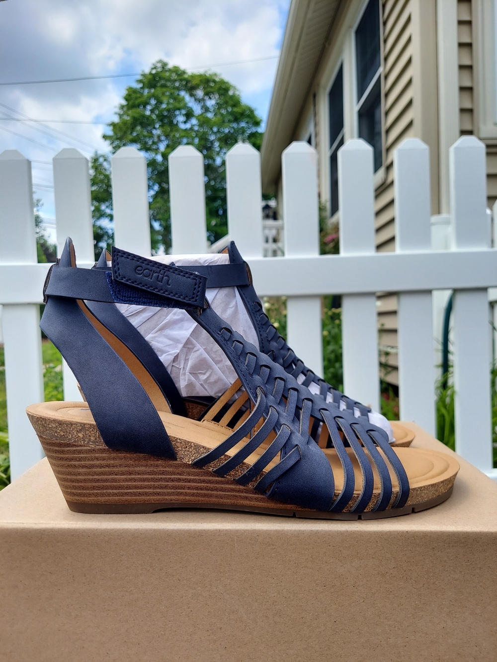 Earth Hattie3 Navy Blue Woven Strappy Wedge Sandals Women's Size 11M Cottagecore - Picture 2 of 11